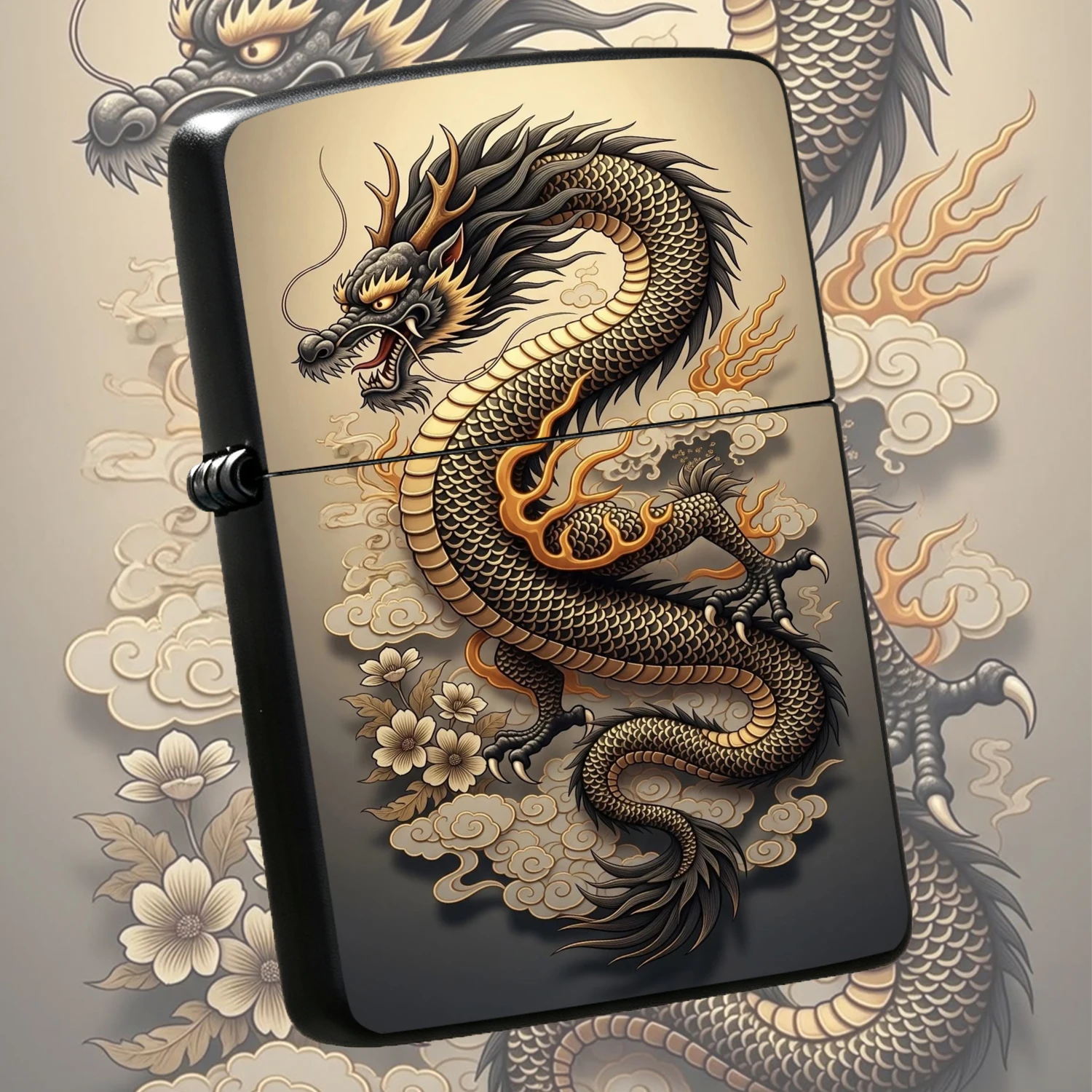 Vintage BLACK Gold Eastern style Dragon Pattern Lighter, Exquisite Printing Cloud Flame Flower Decor, Durable Non-slip Creative Collectible Gas Lighter, Ideal Gift for Men Elders, PORTABLE Desktop Ornament for Daily Ignition Use A fun and