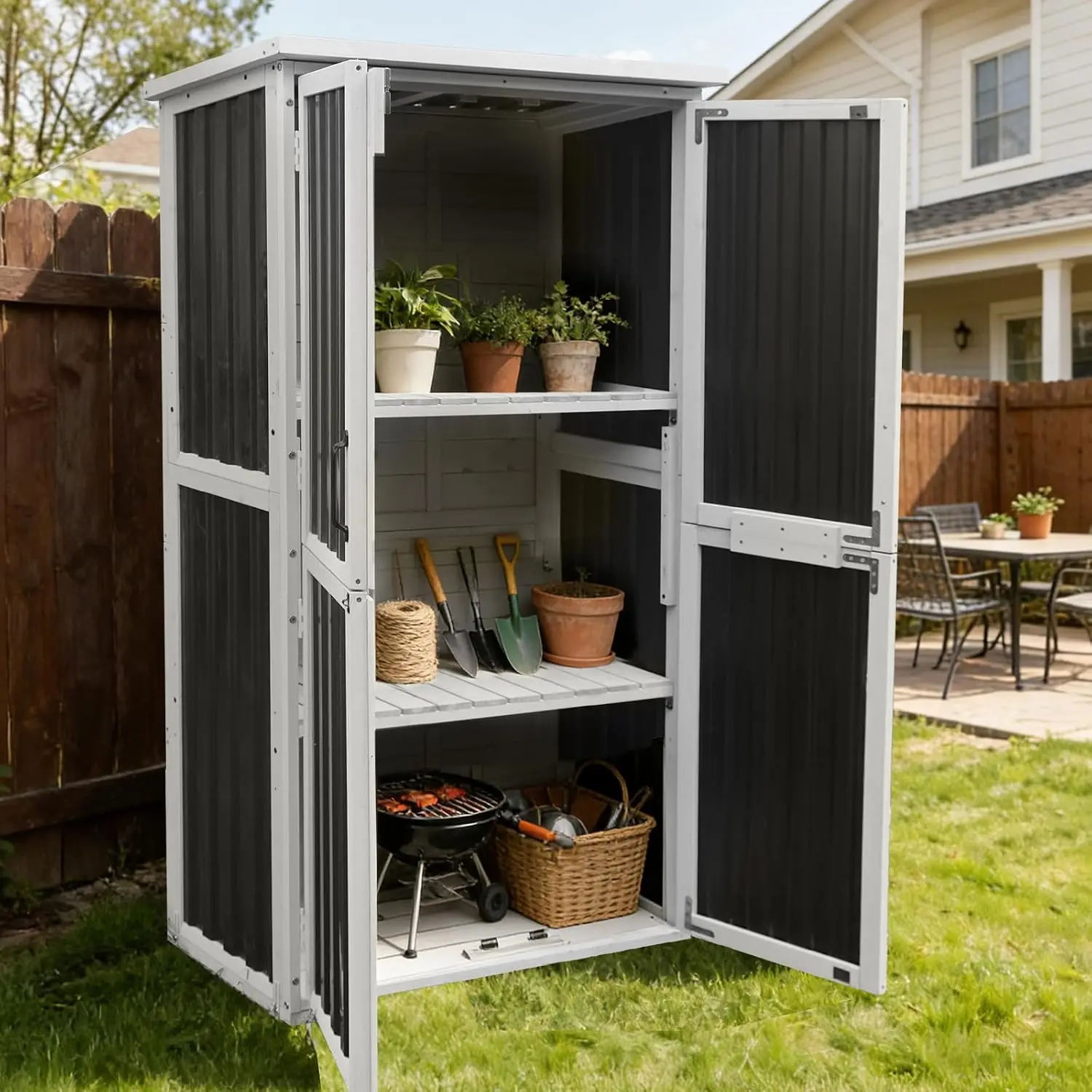 5FT Outdoor Storage Shed with 3-Level Shelves, Weather-Resistant Metal Garden Tool Shed for Patio & Garage, White, Customized