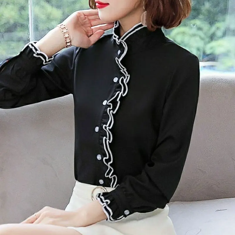 Lace Ruffles Chiffon Shirts Women\'s Clothing 2023 Autumn Winter New Office Lady Long Sleeve Pullovers Vintage Elegant Blouse 3XL