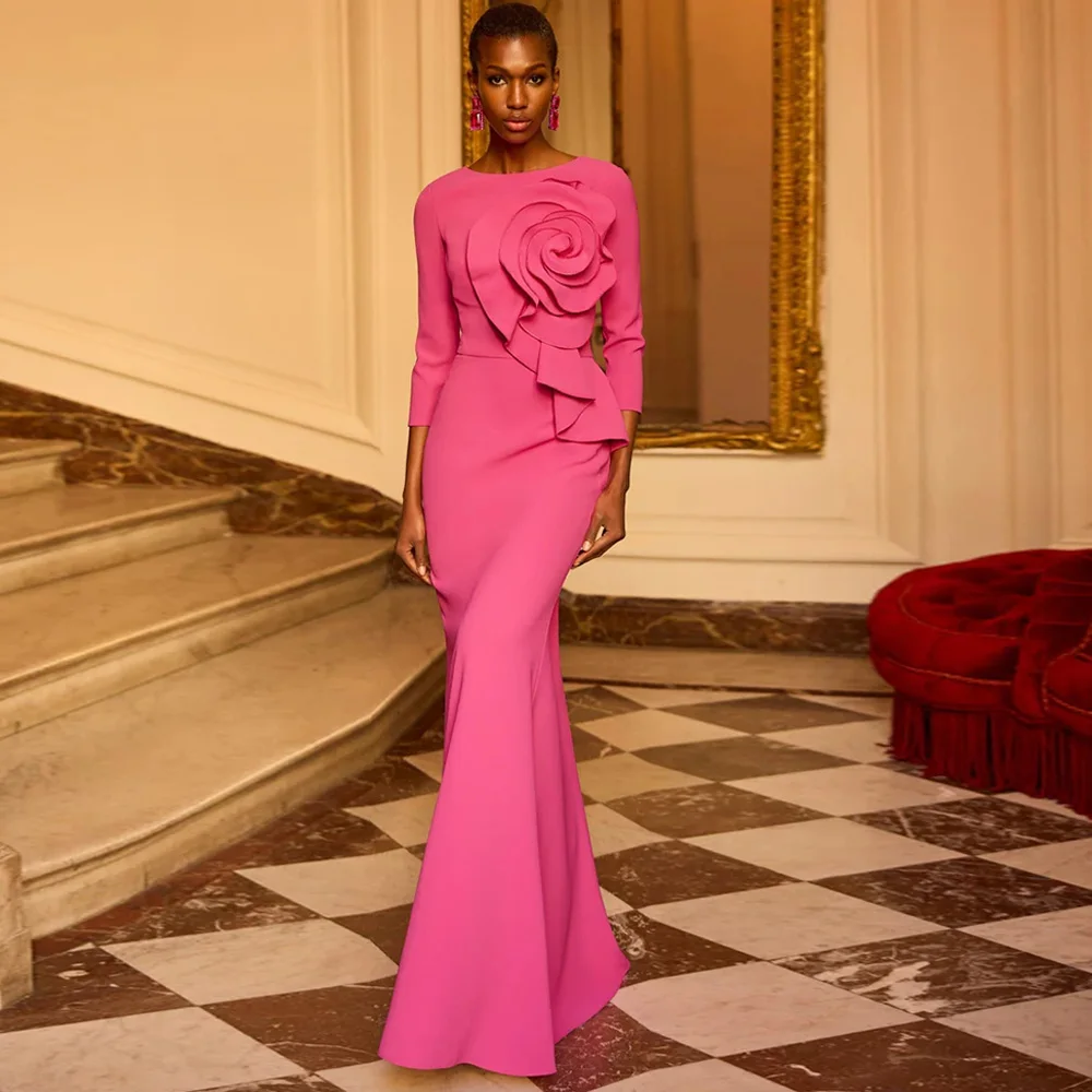 Modern Mermaid Mother of The Bride Dress Customized Round Neck 3/4 Sleeves Big Flower Simple Evening Gown Guest Dresses image 6