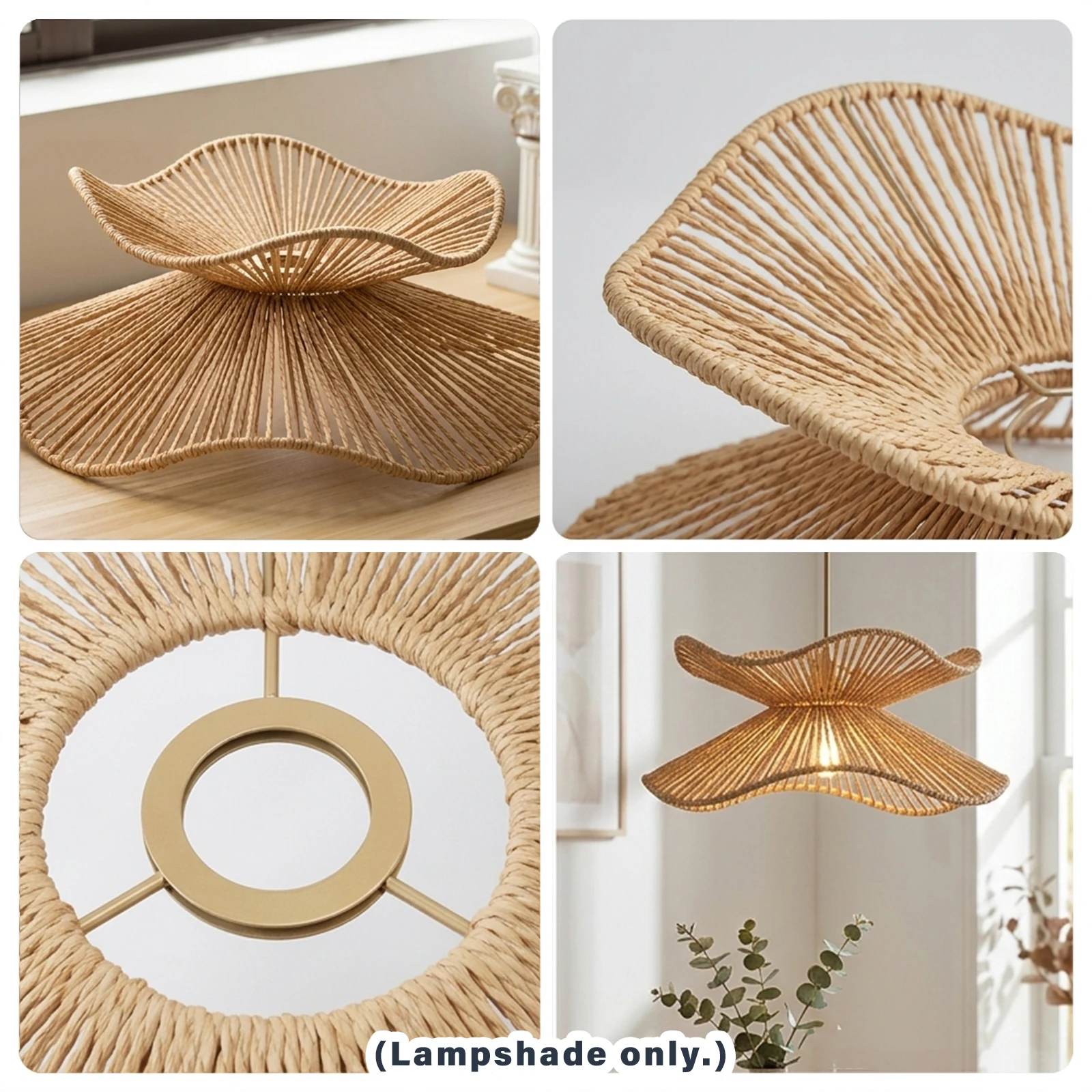Coastal Farmhouse Paper Rope Pendant Lamp Shade, 2‑Tier Leaf Hand‑Woven Shade, Decorative Lampshade for Living & Dining Room