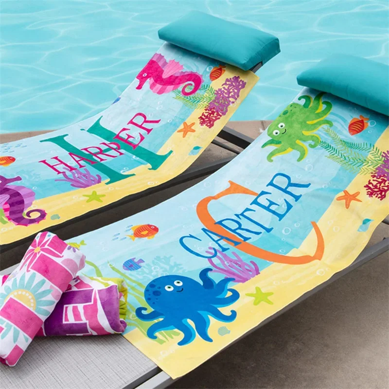 Children's Octopus, Seahorse, Crab, Name Towel Font Personalized Beach Towel, Bath Towel, Swimming Pool Name Towel, Bath Towel