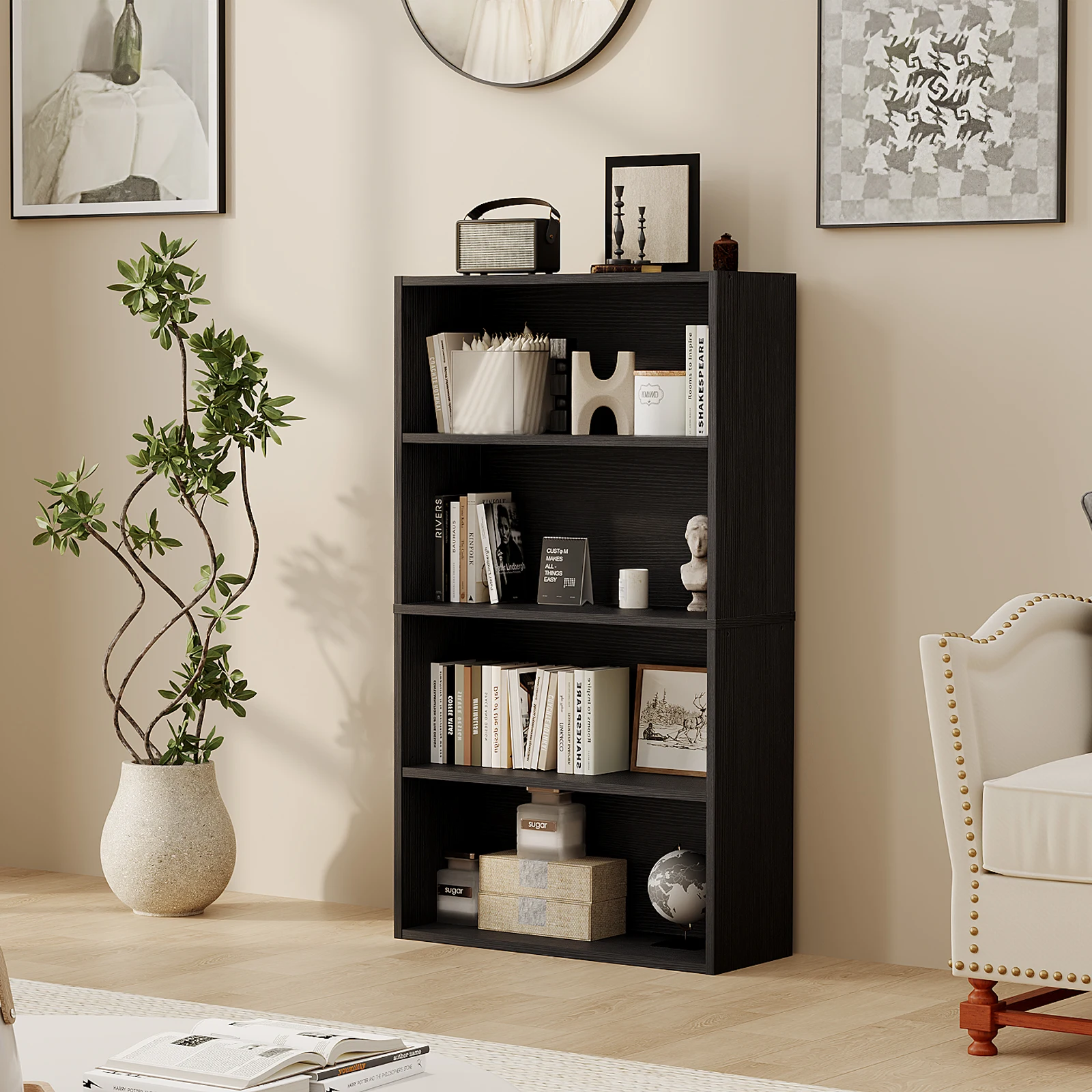 JHK 3-4 Tier Wooden Shelf Bookcase Tall Floor Standing Open Bookshelf for Living Room and Home Office Personalized Storage