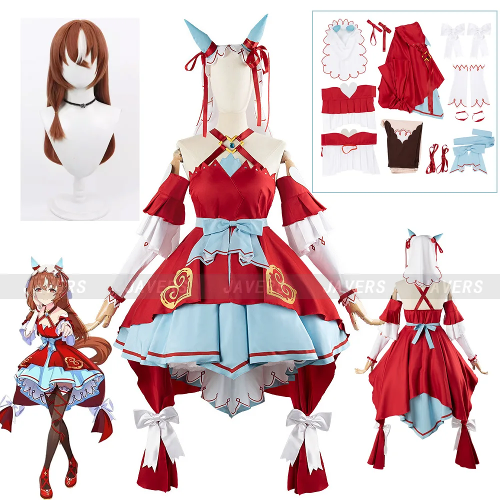 Umamusume-Bonito Derby Love Cosplay para mulheres, peruca Anime, vestido vermelho Lolita princesa, lindo terno de festa de Natal