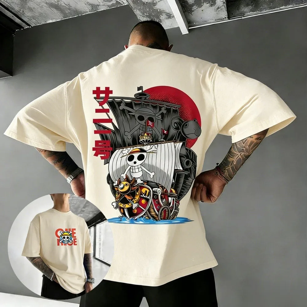 ONE PIECE Thousand Sunny Unisex Pure Cotton T-shirt 2026 Summer Anime Print Oversized Loose Parent-child Short Sleeved Top