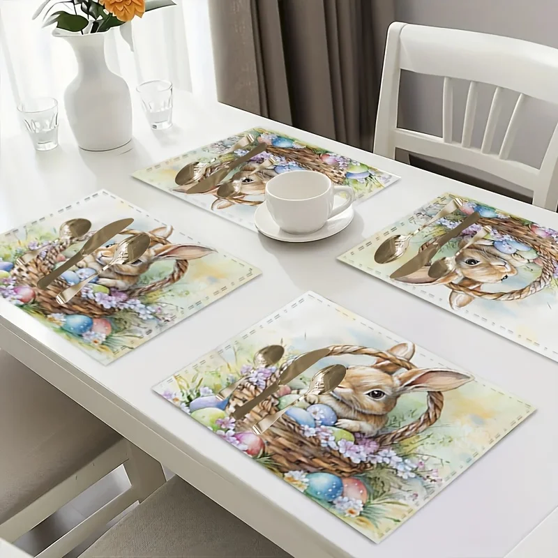 1PC A Cute Easter Bunny Placed in A Basket with Flowers and Eggs Placemat 30X40cm