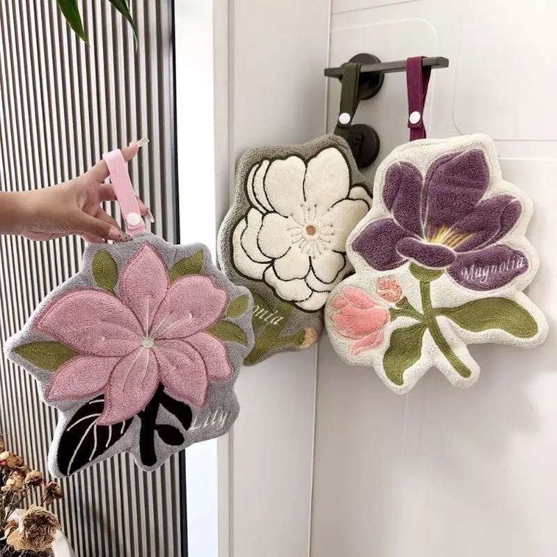Coral Fleece Hand Towels Creative Lily Begonia Flower Embroidery Towel Kitchen Bathroom Hanging Wash Hand Towel Soft Absorbent