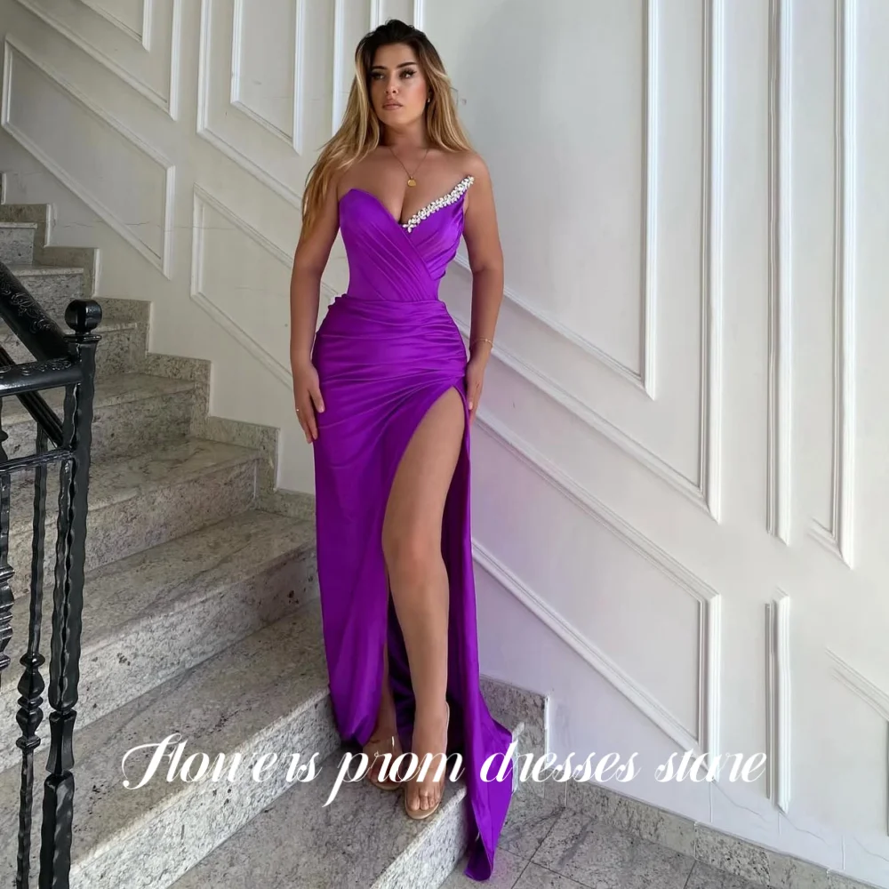 

Flowers Prom Satin Purple Evening Dresses Trumpet with Split Party Dress Crystal Pleats Sleeveless Christmas Dress Customized