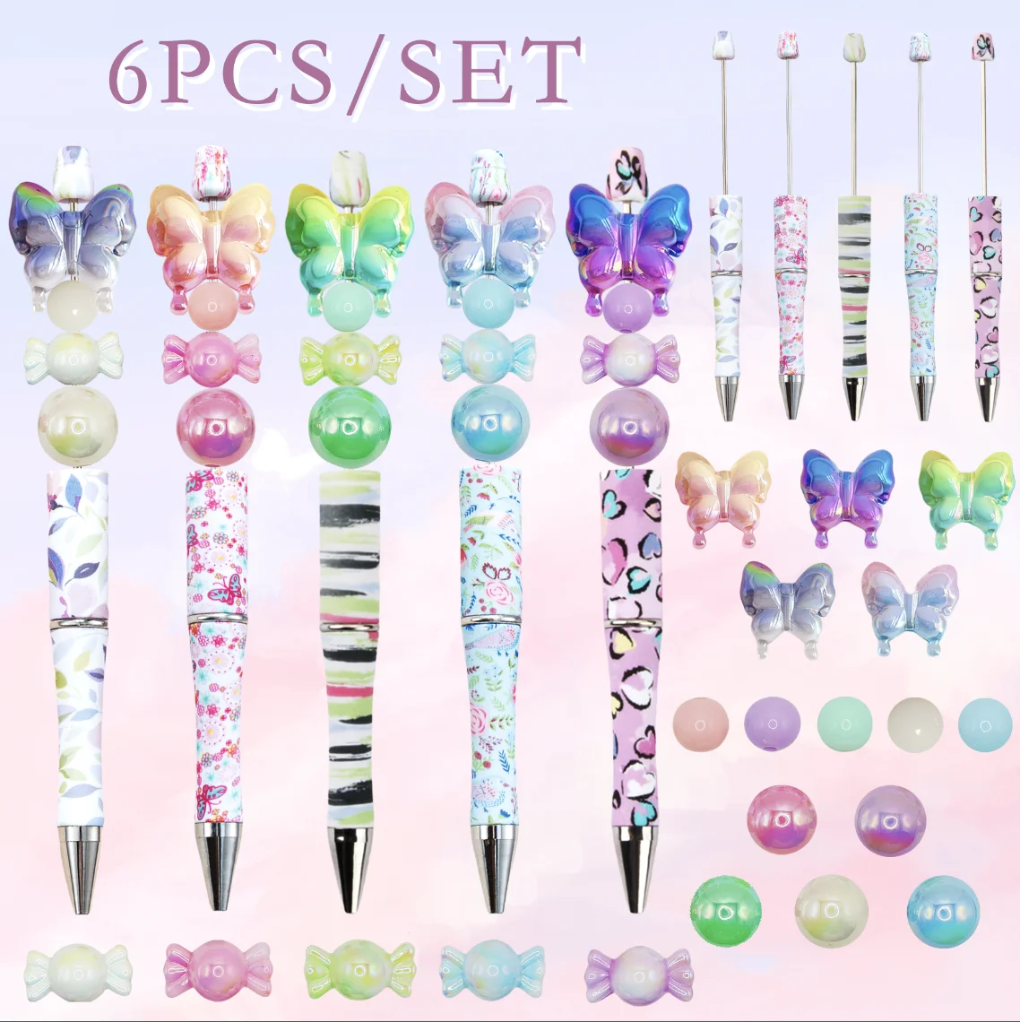 

5PCS new DIY acrylic colored butterfly candy shaped bead and ballpoint pen set, perfect for school supplies, gifts DIY bead bead