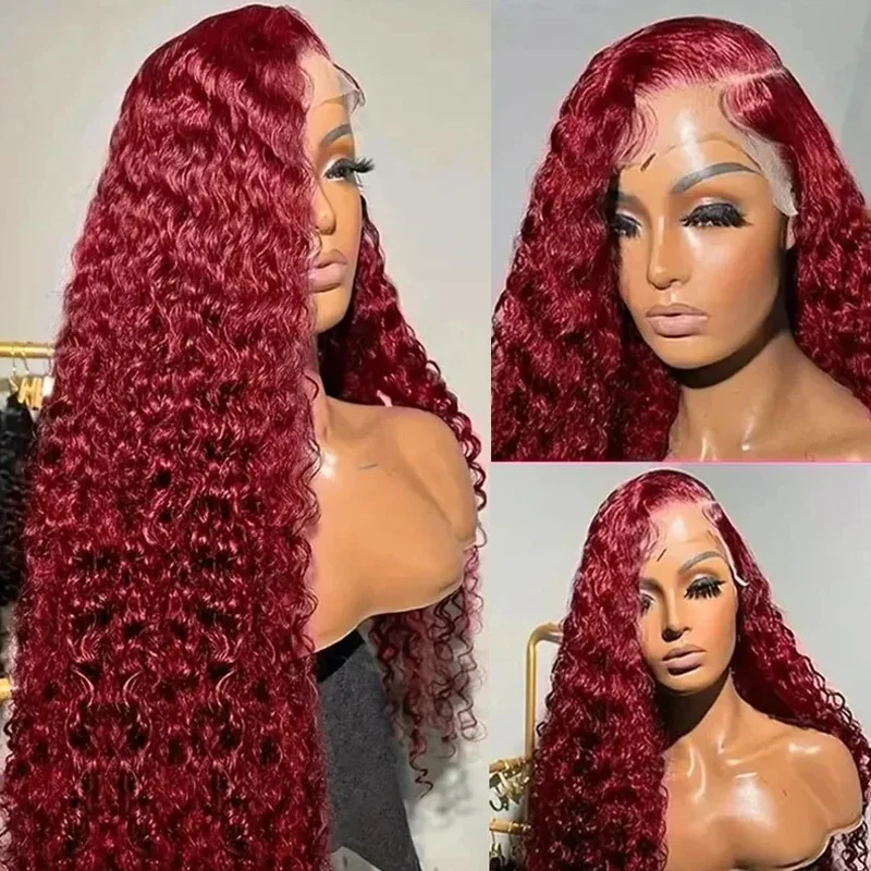 26 بوصة 99J لينة 180 الكثافة طويل بورجوندي النبيذ الأحمر غريب مجعد الدانتيل الجبهة الباروكات للنساء مع شعر الطفل الملمس الجيد قبل قطعها
