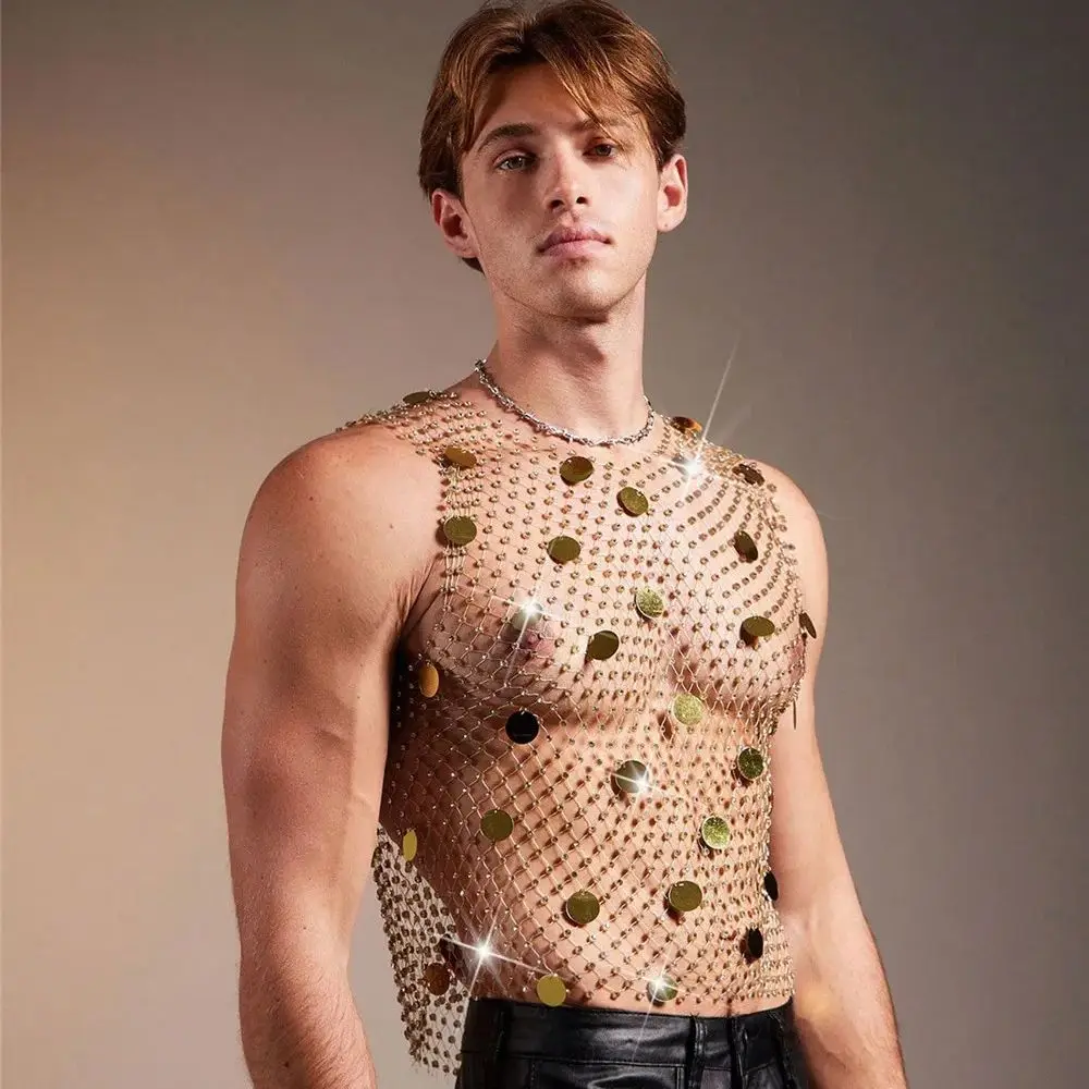 Nightclub Party Diamond Sequin Sheer Fishnet Tank Top For Men Sexy Cutout Design Elegant Sparkle Rhinestone-Embellished Top