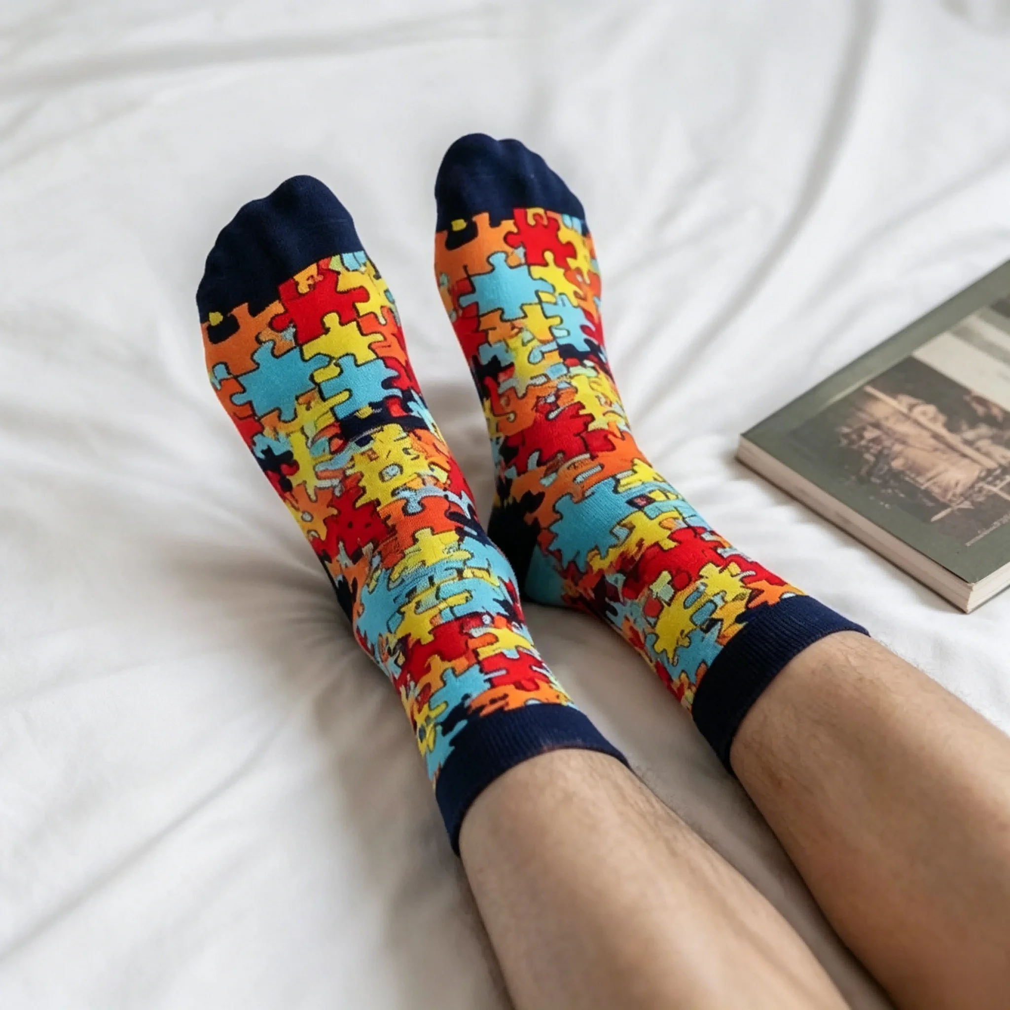 Neutral Couple Colorful Puzzle Printed Mid Tube Socks Soft Comfortable Fashion Street Style All Seasons Leisure