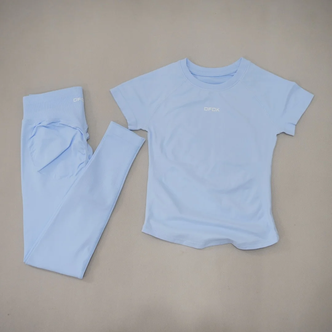 DFDK Dames 2-delig naadloze yogaset, korte mouwen, slanke top, high waist leggings, ademend, sneldrogend, geschikt voor gym, hardlopen en fitness.