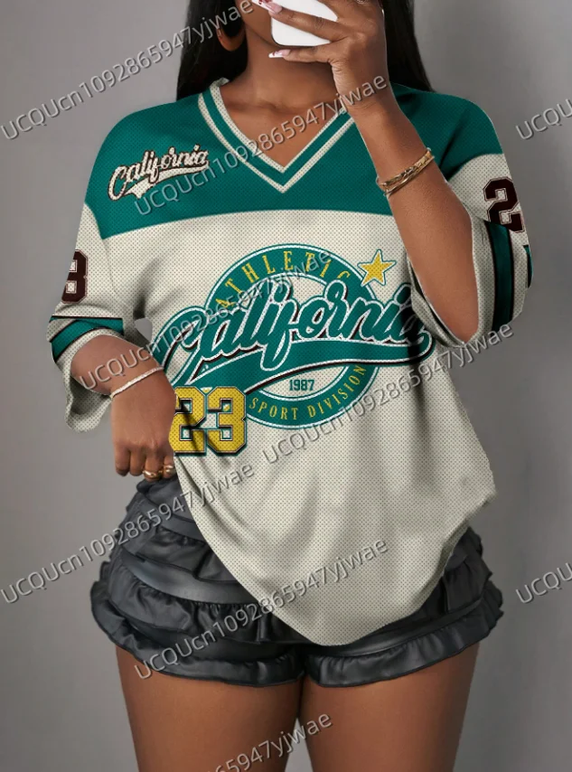 Women's V-Neck Sporty Jersey T-Shirt Casual California Print NO.23 Summer Casual Wear Sports  Mesh T-shirt Tops