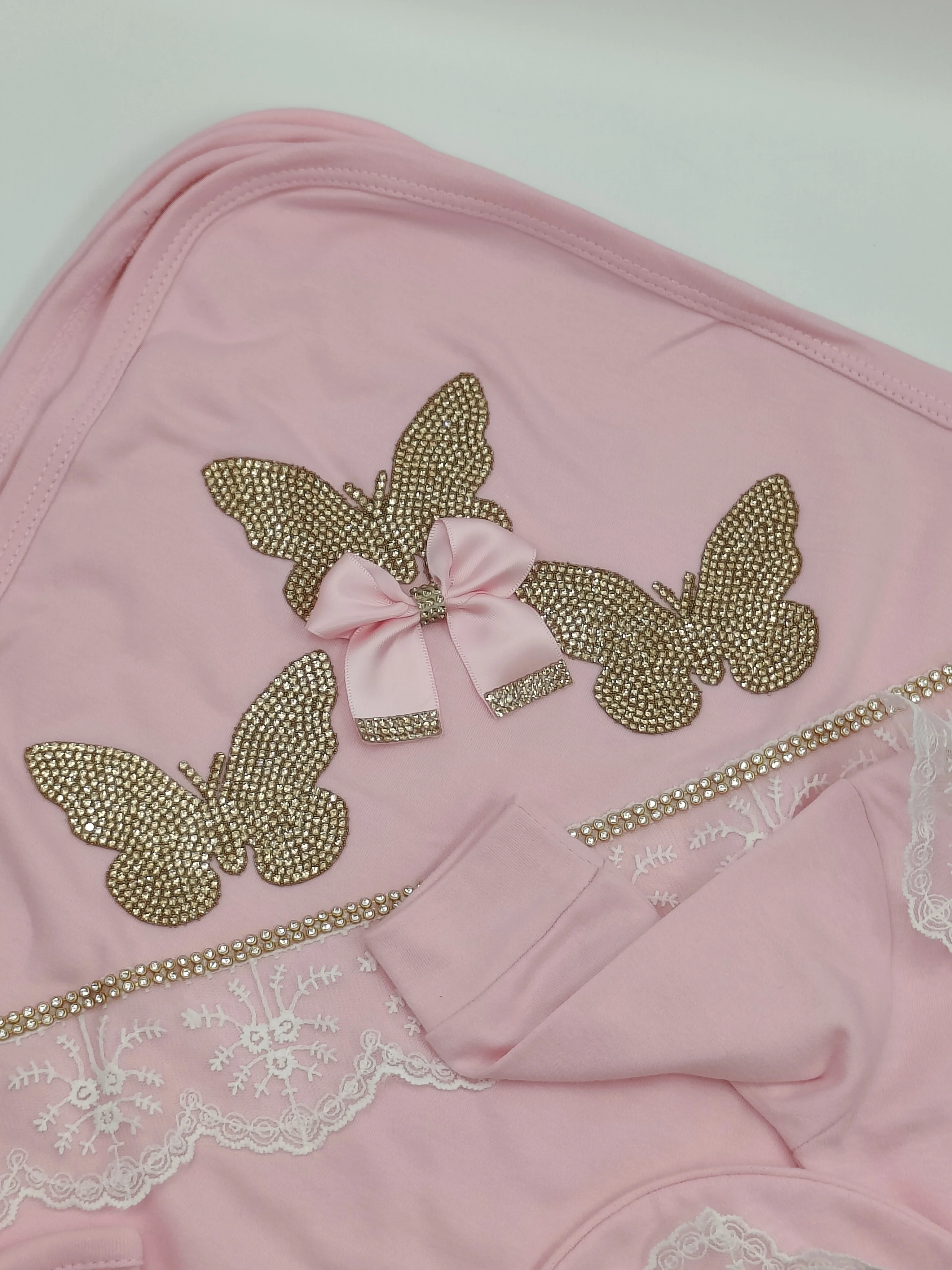 Soft Pink Rhinestone Butterfly Lace Trim Baby Girls 4Pcs Outfit Long Sleeve Footed Romper Hat Booties Newborn Full Set