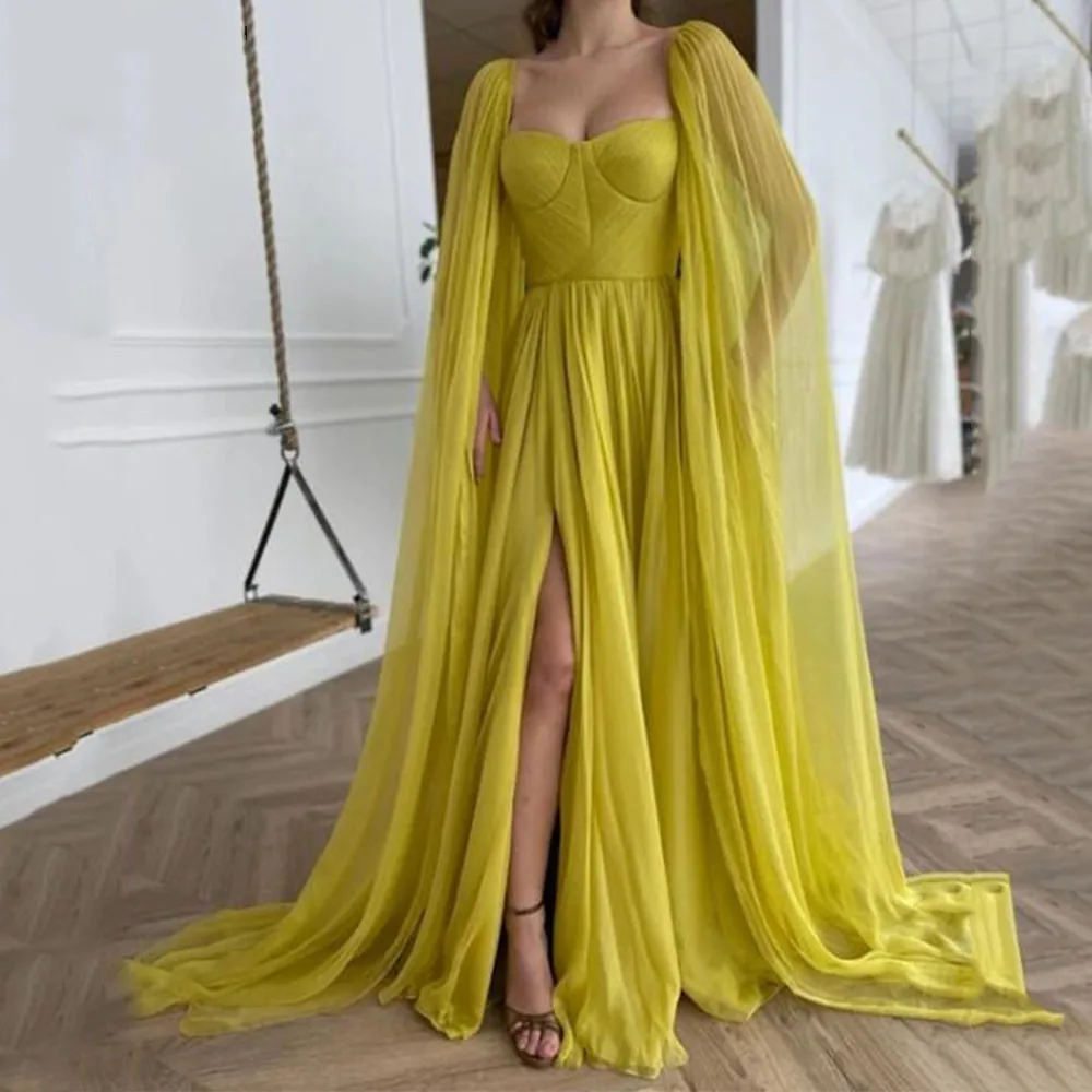 

2024 Bohemia Vintage Yellow Cape Long Sleeves Prom Dresses Chiffon Sweetheart Side Split Formal Evening Dresses Custom Plus Size