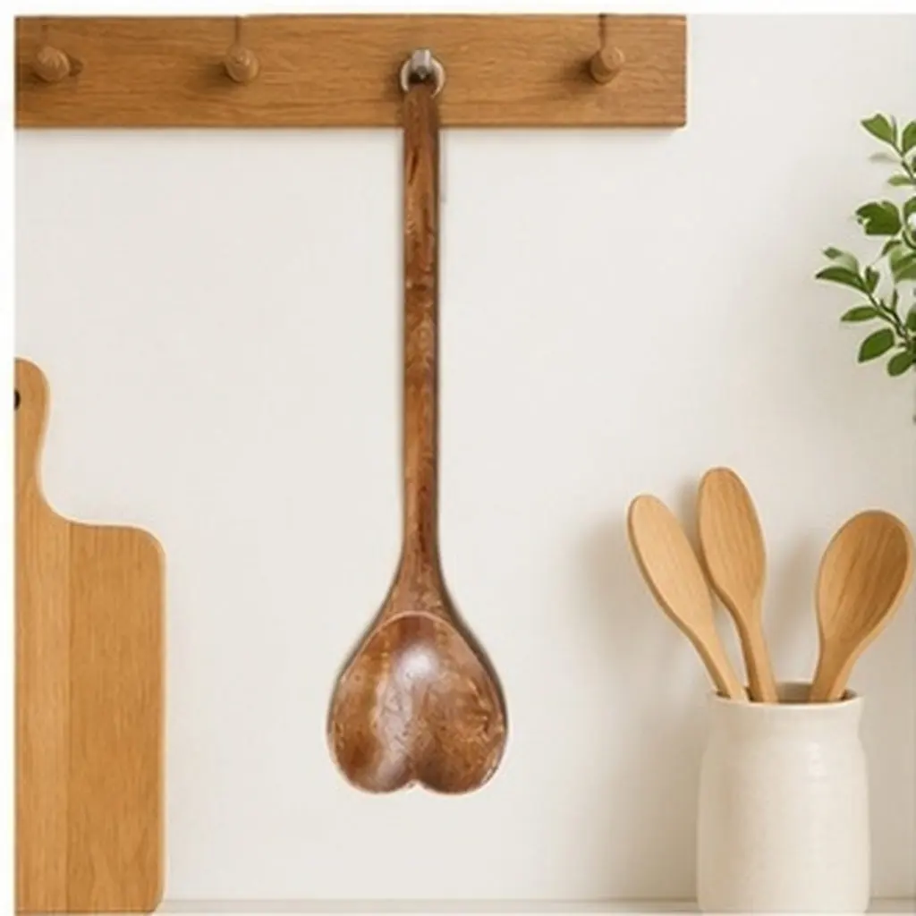 2Pcs Heart Wooden Spoon Ergonomic Handle Smooth Polished Multi Functional Cooking Utensil for Stirring Mixing Serving Dessert