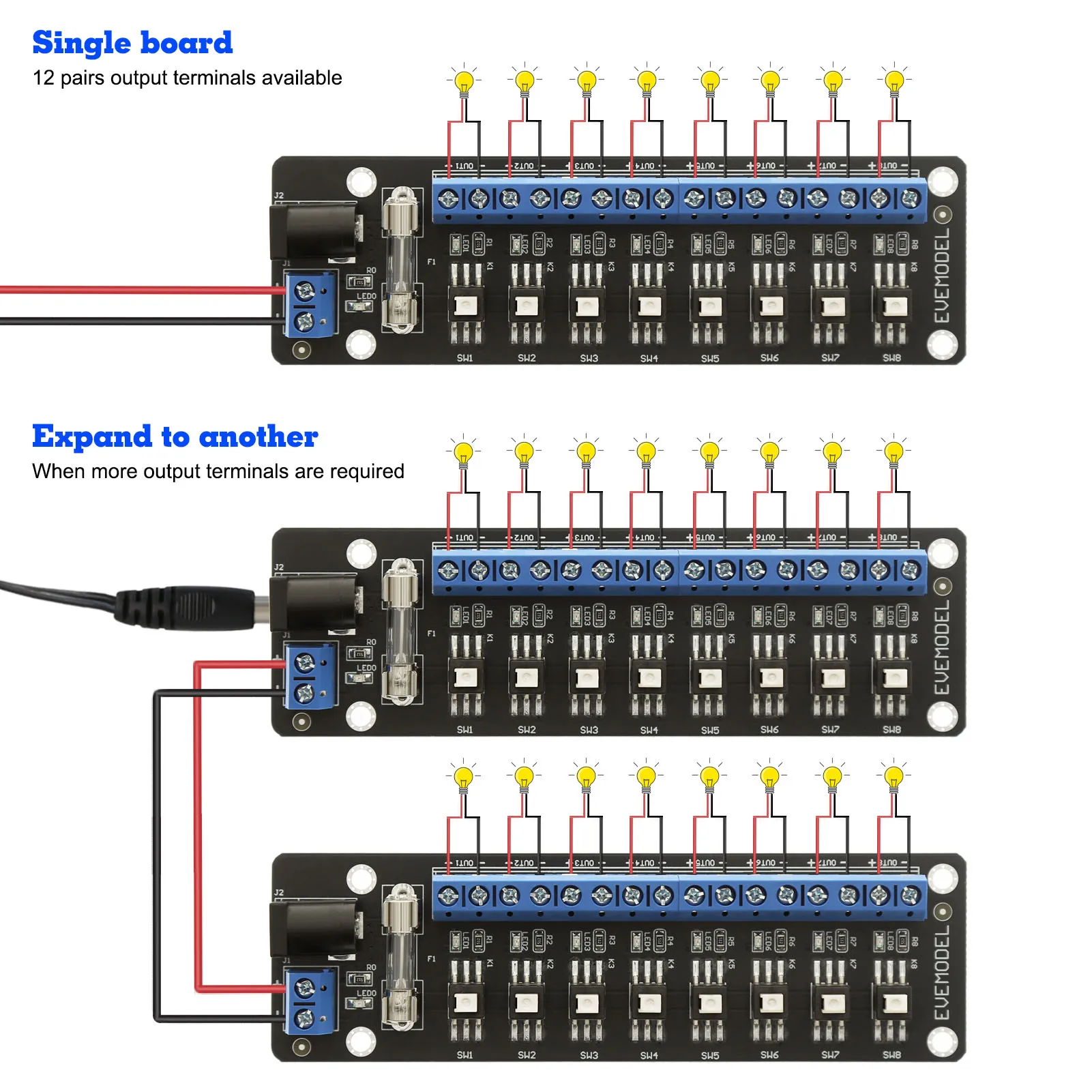 Evemodel DC 전력 분배 모듈 커넥터, 개별 스위치 PCB017, 3V-24V