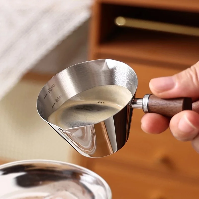 Wood Handle Italian Espresso Measuring Cup, Stainless Steel Graduated Small Milk Cup, Coffee Liquid Extraction And Receiving Cup
