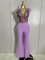 Luxury Sparkly Diamond Feather Embroidery Bandage Jumpsuit Women High Street Elegant Evening Party Club Luxury Birthday Outfit