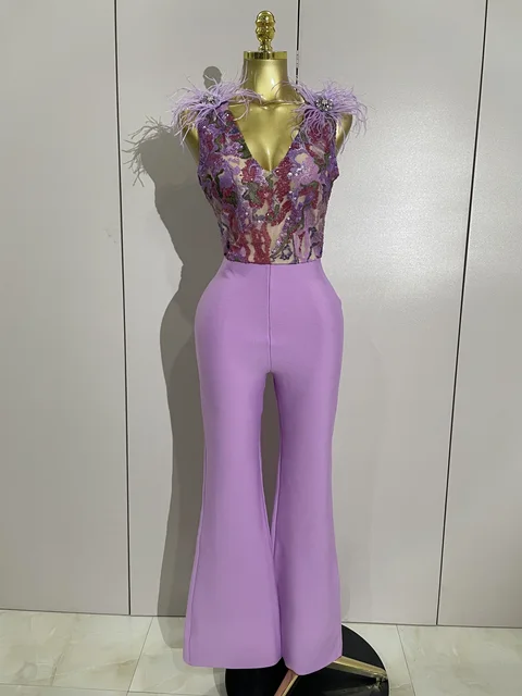Luxury Sparkly Diamond Feather Embroidery Bandage Jumpsuit Women High Street Elegant Evening Party Club Luxury Birthday Outfit