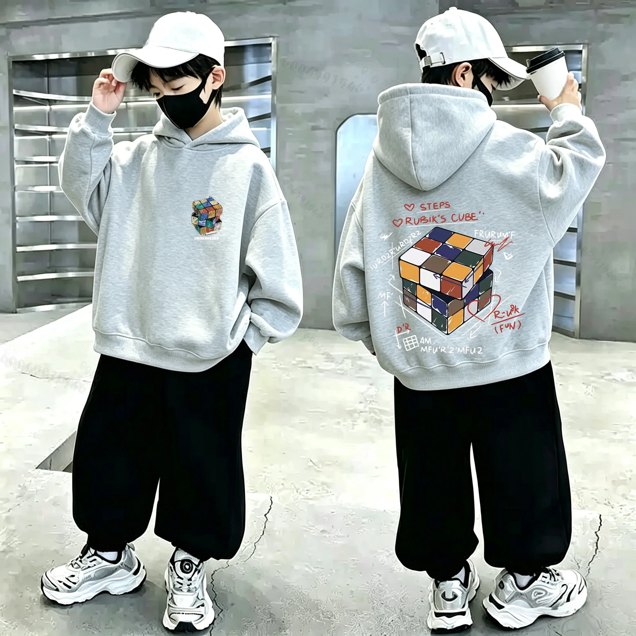 Autumn/Winter Children's Casual Warm Hooded Sweatshirt with Unique Magic Cube Pattern - Korean Style Cool Hooded Sweatshirt