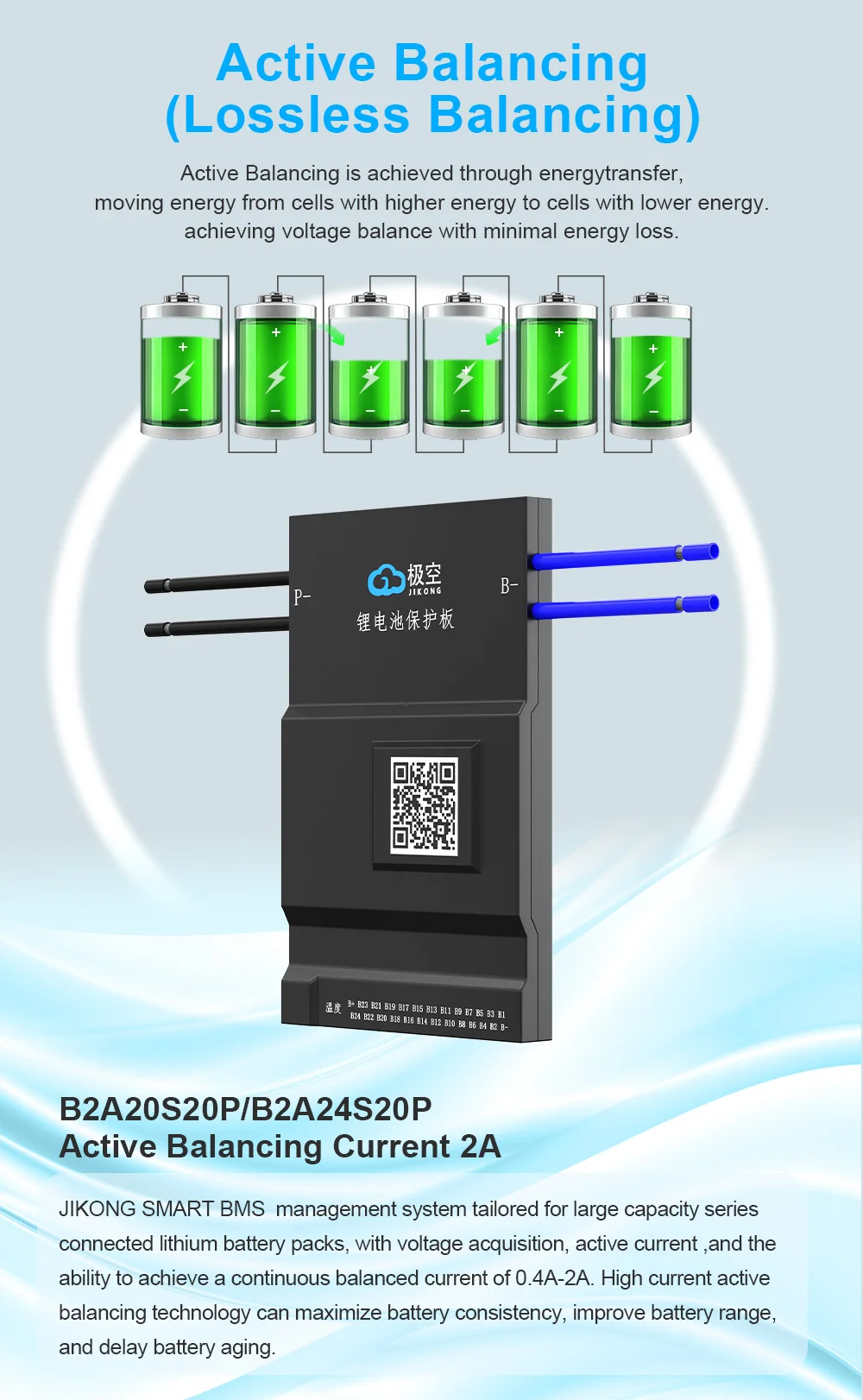 JIKONG JK BMS B2A24S20P Bluetooth-Batteriemanagementsystem 2A Balance 200A für 36V 48V 60V Li-Ion LTO 18650 Lifepo4 Speicher – Detail 4