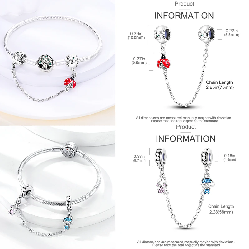 925 Sterling Silber Sicherheitskette Charm-Perlen Himmelskörper Mond Sonne Herz Marienkäfer Schleife DIY Armband Schmuck Geschenk für Frauen Mädchen – Detail 16