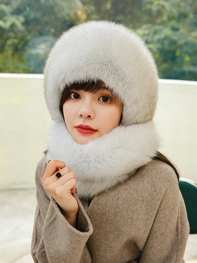 

Winter Warm Fluffy Hood Scarf with Genuine Fox Fur Ski Hat Women 2-in-1 Function Cap Muffler with Ball Pompom