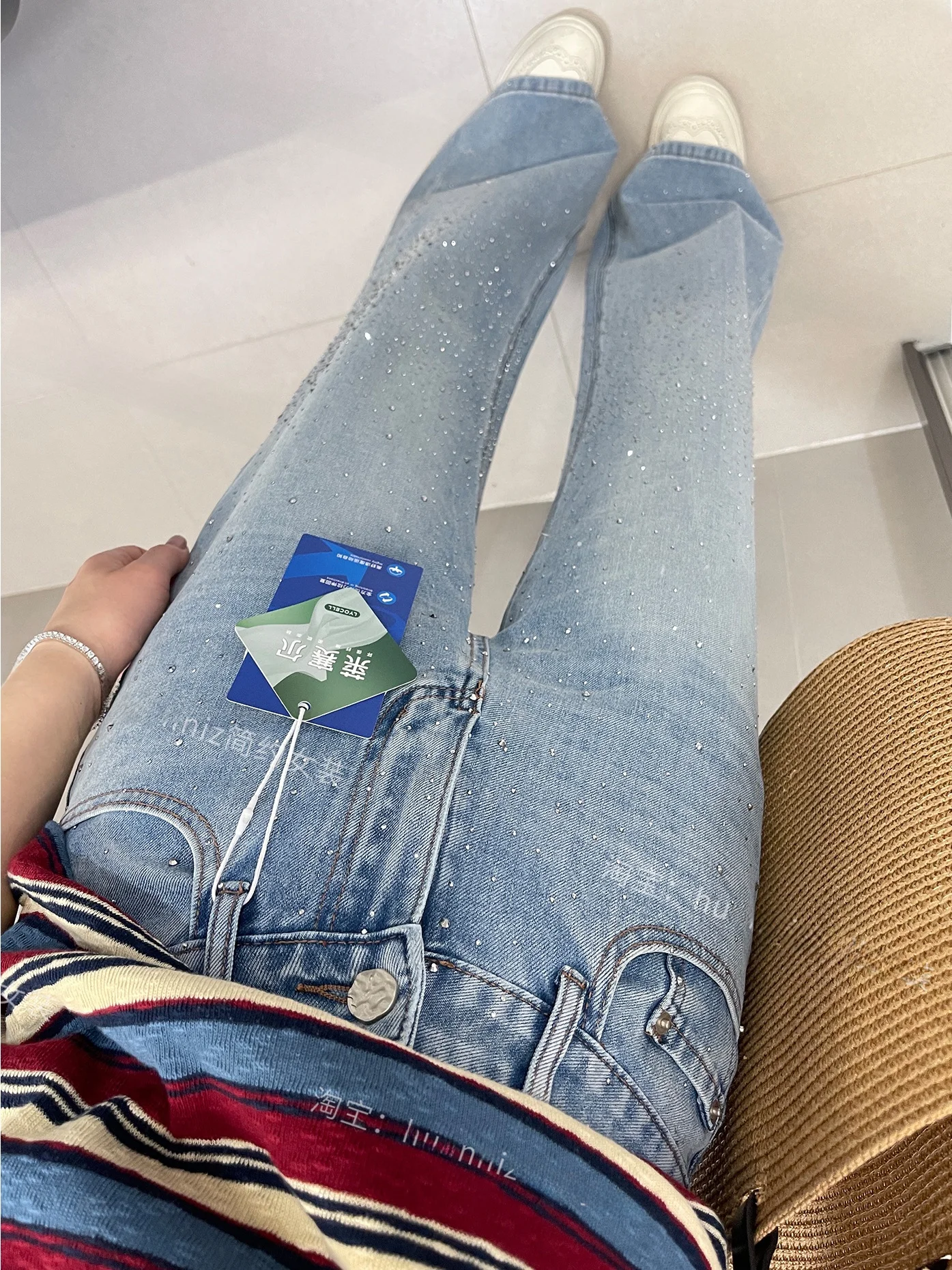 

Shiny Rhinestone Embellished Wide Leg Jeans Women's High Waist Slimming Floor Length Straight Cut Trousers Spring Summer