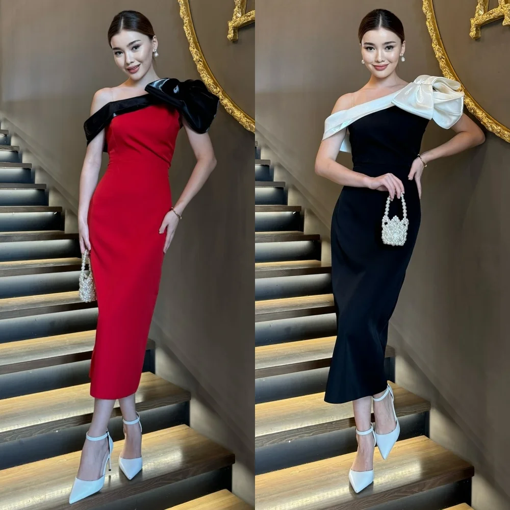 

Customized Simple Jersey Bow Pleat Straight Off-the-shoulder Midi Dresses Bespoke Occasion Dresses Customized Elegant Classic