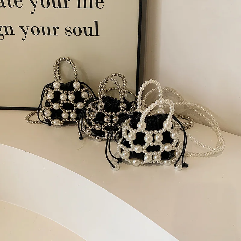 2024 Summer Small Shoulder Bags For Women Fine Fashion Hollow Pearl Beaded Weave Mini Handbags Trendy Party Prom Clutches Purses