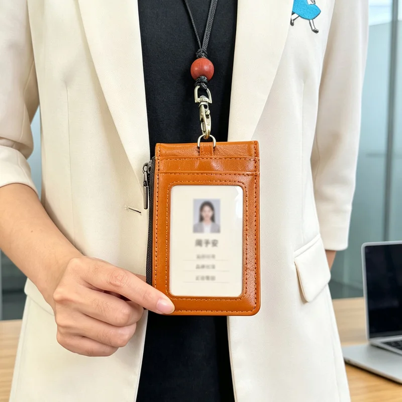 Genuine Leather Multifunctional Name Badge Holder Work Card Holders Lanyard Bank Credit Card Bag With Coin Zipper Pocket
