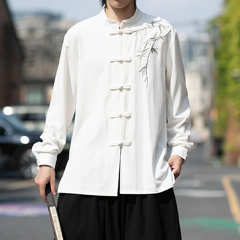 

Мужская рубашка в китайском стиле с длинным рукавом, новинка 2026 года, весенняя, винтажная, с вышивкой, свободного кроя, для кунг-фу, оверсайз, N077