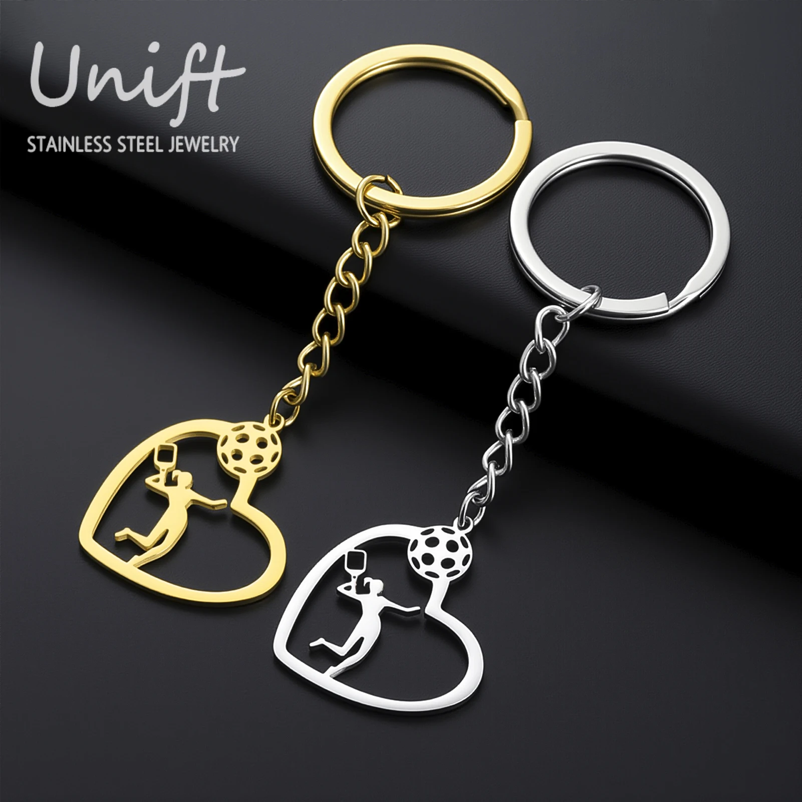 Unift Pickleball Sport Keychain Stainless Steel Sports Enthusiasts Key Chain Heart Shape Pickleball Bag Accessories Jewelry Gift