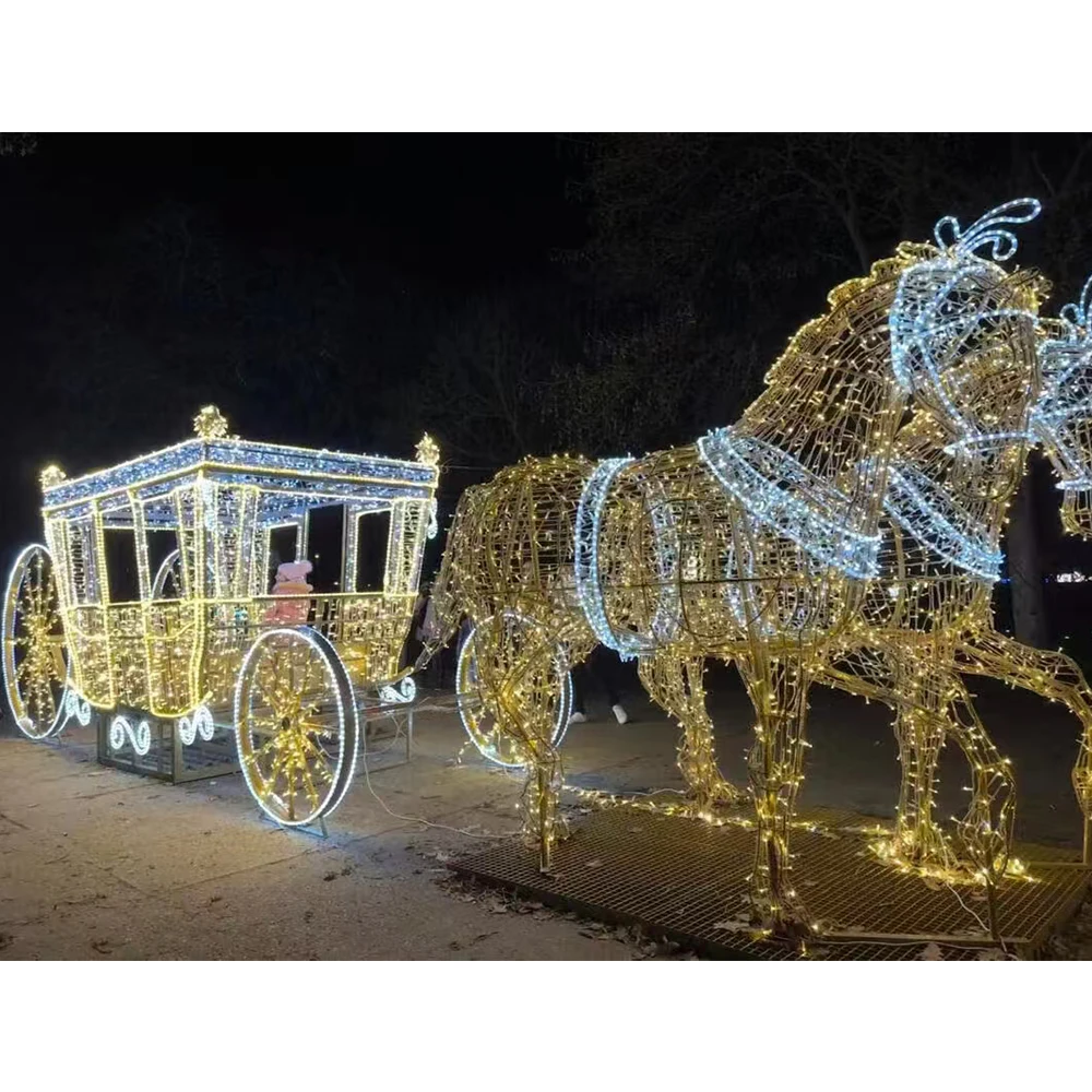 Customized IP65 Outdoor 3D Santa Sleigh Reindeer  Light PVC Holiday Decoration for Commercial Landscape Use Christmas Use