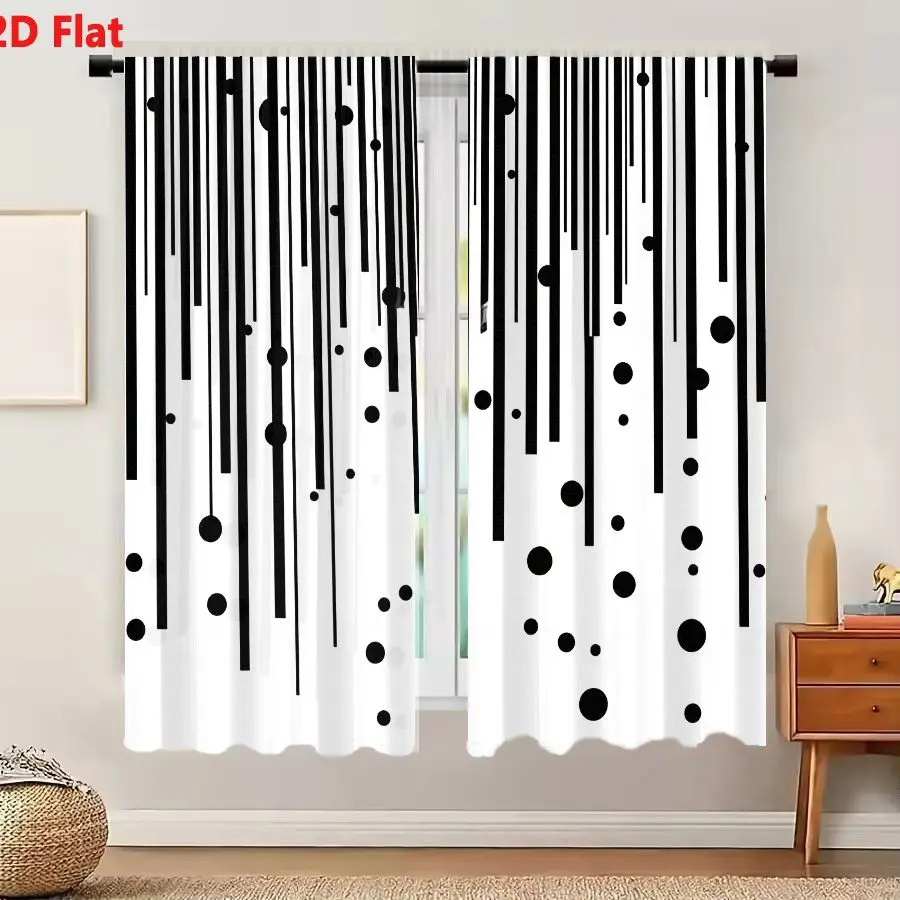 2Pcs Curtains 2D Flat Black And White Abstract Composition With Vertical Lines And Circles Resembling Rain Or Ink Drops Window D