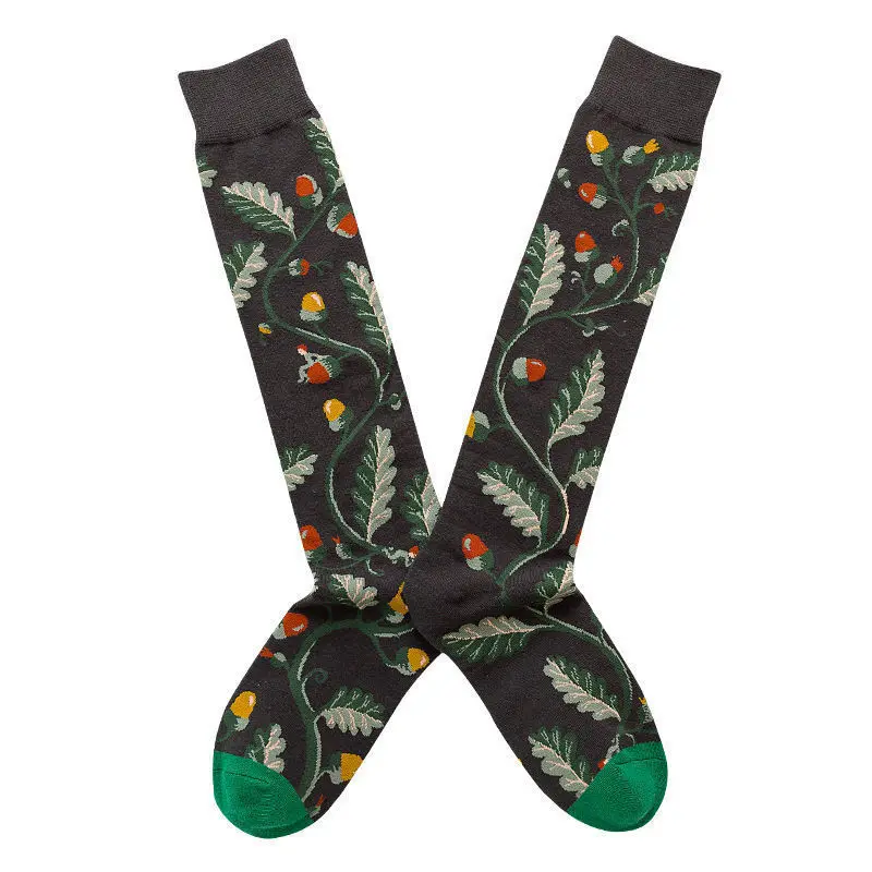 New French BM Women's Leg Socks Long Tube High Tube Design Lightweight Cotton Artistic Abstract Illustration Woven Flower Knee-H