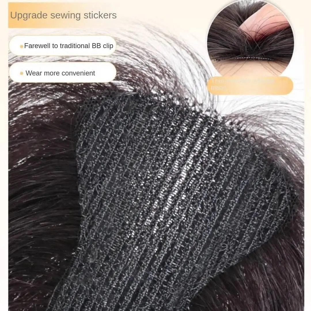 Magic Paste Hair Toppers for Women No Clip Human Hair French Bangs Cover Thinning Grey Hair Fluffy Hook and Loop Hair Patches