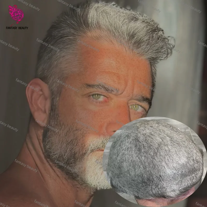 

1b40 1B651B80 Grey Super Durable Thin Male Brown Mens Toupee Natural 90% Density Real Human Hair 0.02MM FULL PU Base Men toupee