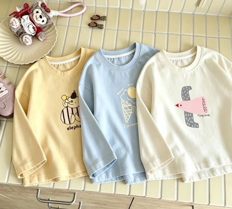 Infant Cartoon Elephant Ice Cream Bird Long Sleeve Tee Light Cotton Kid Crew Neck Top Lovely Simple Animal Clothing Baby Wear