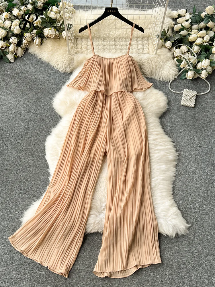 

Vacation Loose Jumpsuit Strap Backless Thin Romper Streetwear Women One-Piece Outfit Beach Style Striped Bodysuits