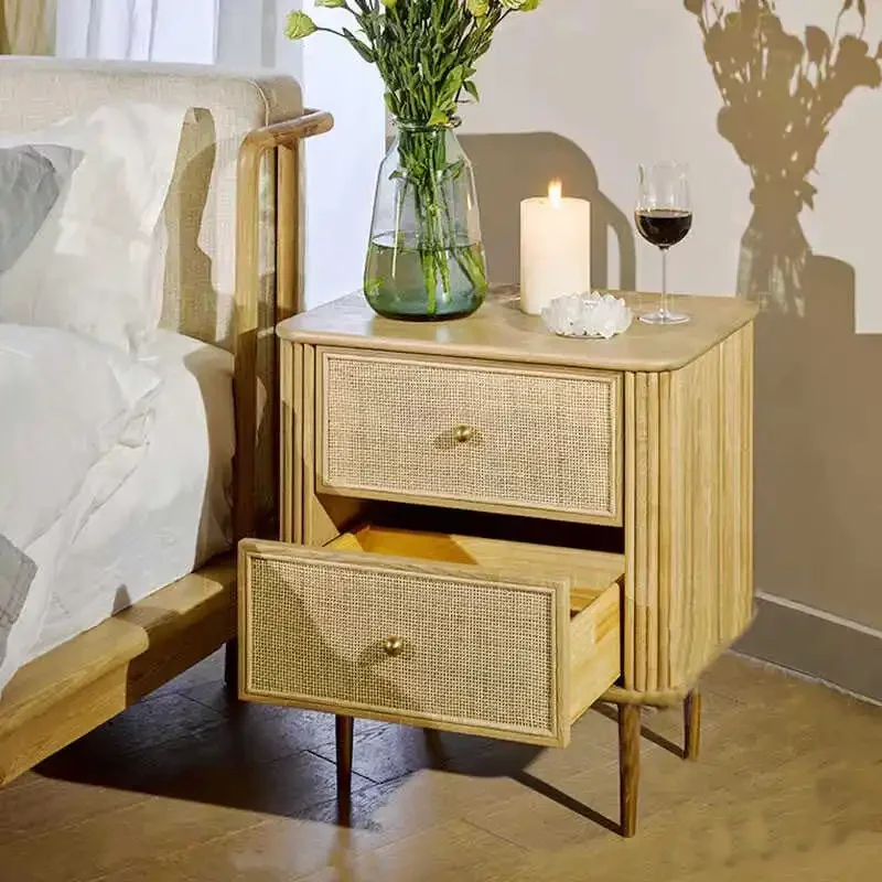 طاولة بجانب السرير من الخشب الصلب الاسكندنافي، درج مزدوج، بسيط وحديث، إقامة منزلية لغرفة النوم المنزلية، درج بجانب السرير، صندوق تخزين #3