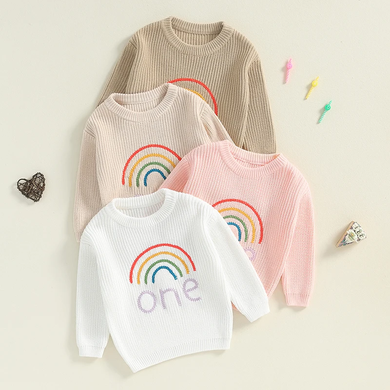 Baby Girl Birthday Sweater Rainbow Embroidery Long Sleeve Pullover Crew Neck Tops for Fall Winter