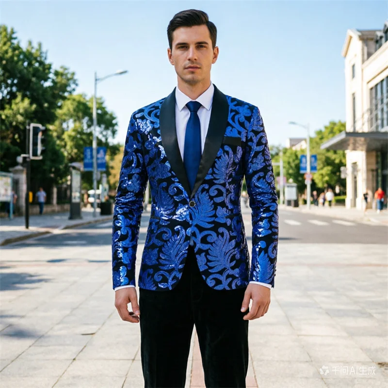 

High-end Velvet Sequin Men's Wedding Prom Party Suits Singer Host Stage Performance Luxury Blazer and Pants European Size,S-XXL