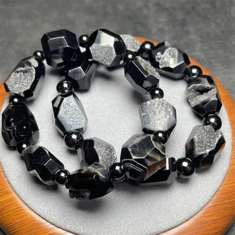 

Natural Black Agate Geode Bracelet String Charms Handmade Crystal Jewelry Stretch Fashion Bangle Children Birthday Gift 1PCS