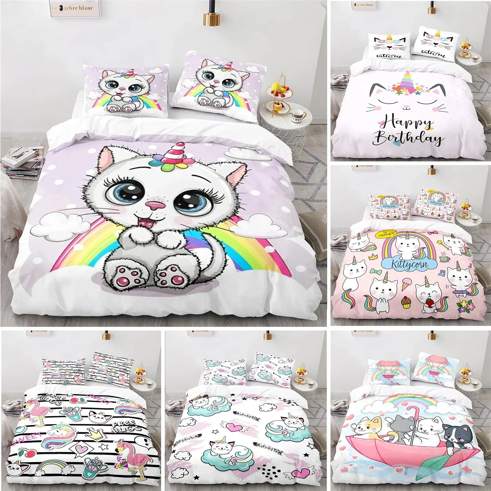 Kids Unicorn Duvet Cover Twin Cartoon Magical Animal Bedding Set Microfiber Cute Rainbow Cat Comforter Cover For Girls Teen Gift