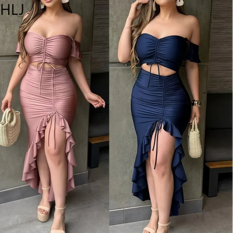 

HLJ Sexy Ruched Patchwork Bodycon Long Dress Woman Off Showlder Backless Ruffles Dresses Female Streetwear Vestidos 2025 New