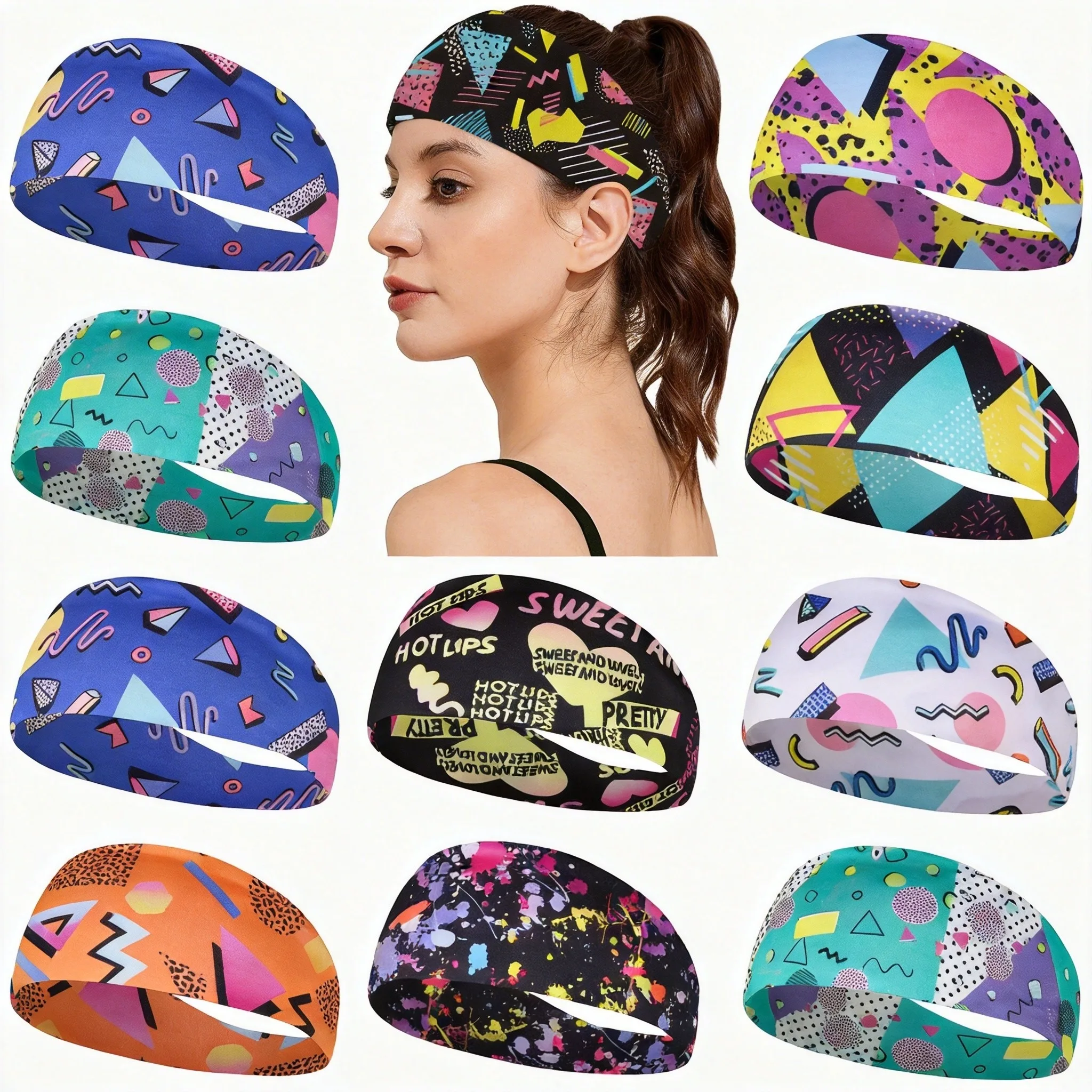 10-Piece Retro Print Yoga Running Fitness Sports Headband Set Breathable Sweat Band