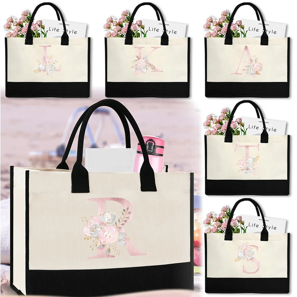 

Fashion Canvas Bag Reusable Vintage Jute Bags Large Capacity Grocery Organizers Imitation Sacks Handbags Pink Flower Printing